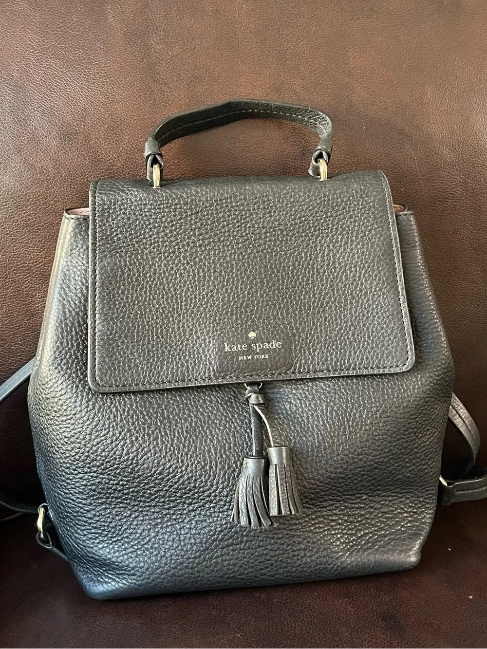 Kate Spade Black Pebbled Leather Medium Flap Tassel Backpack Top Handle